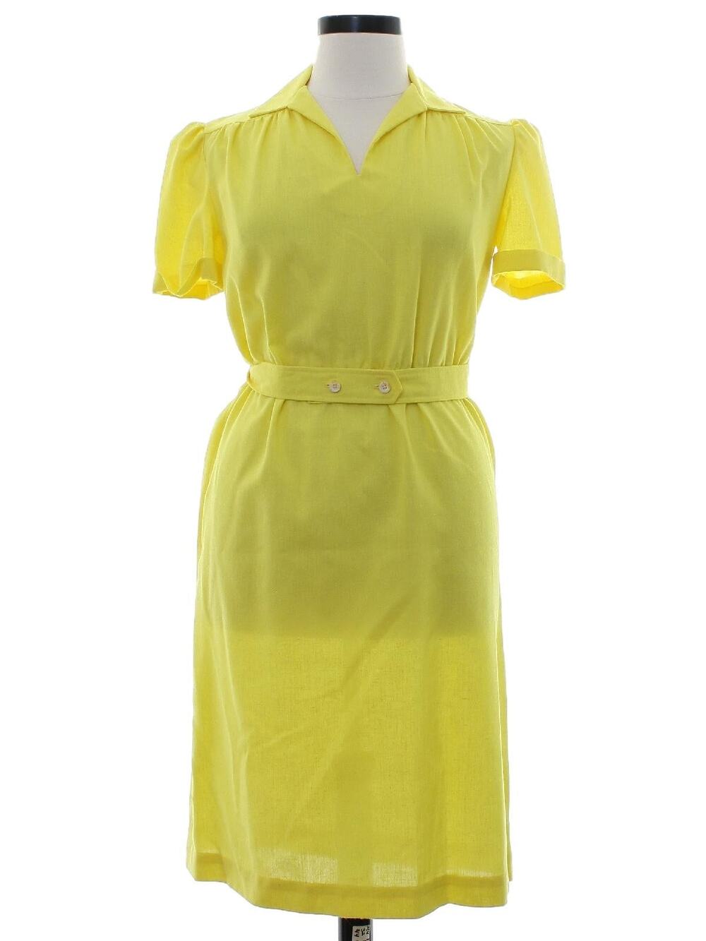 Vintage 70s Yellow Shirt Dress Cotton Belted Midi Collared Boho Women's Medium